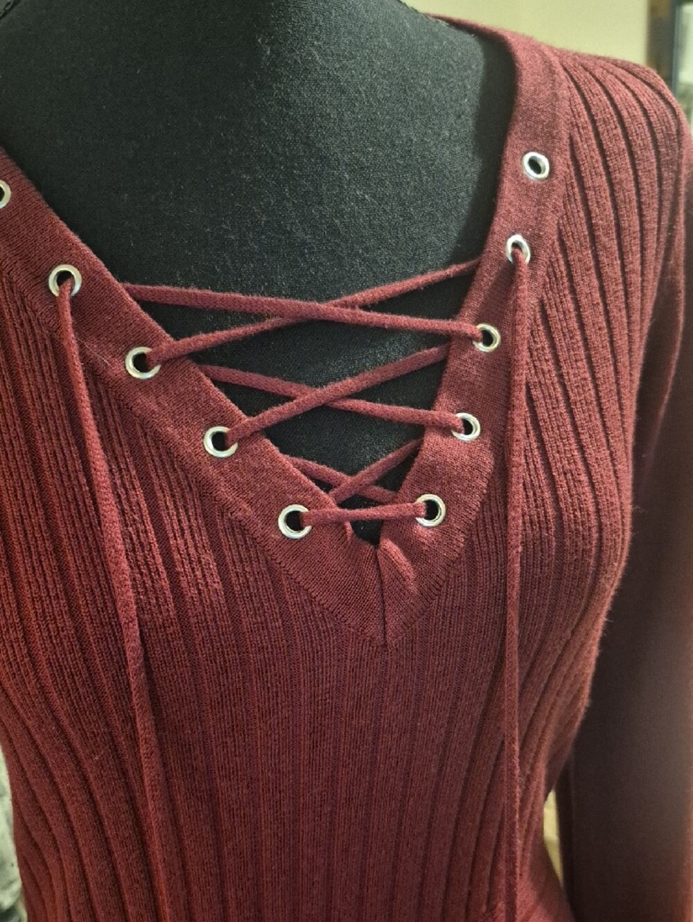 Xhilaration Lace-Up Long Sleeve Knit Dress - Burgundy - Picture 2 of 12